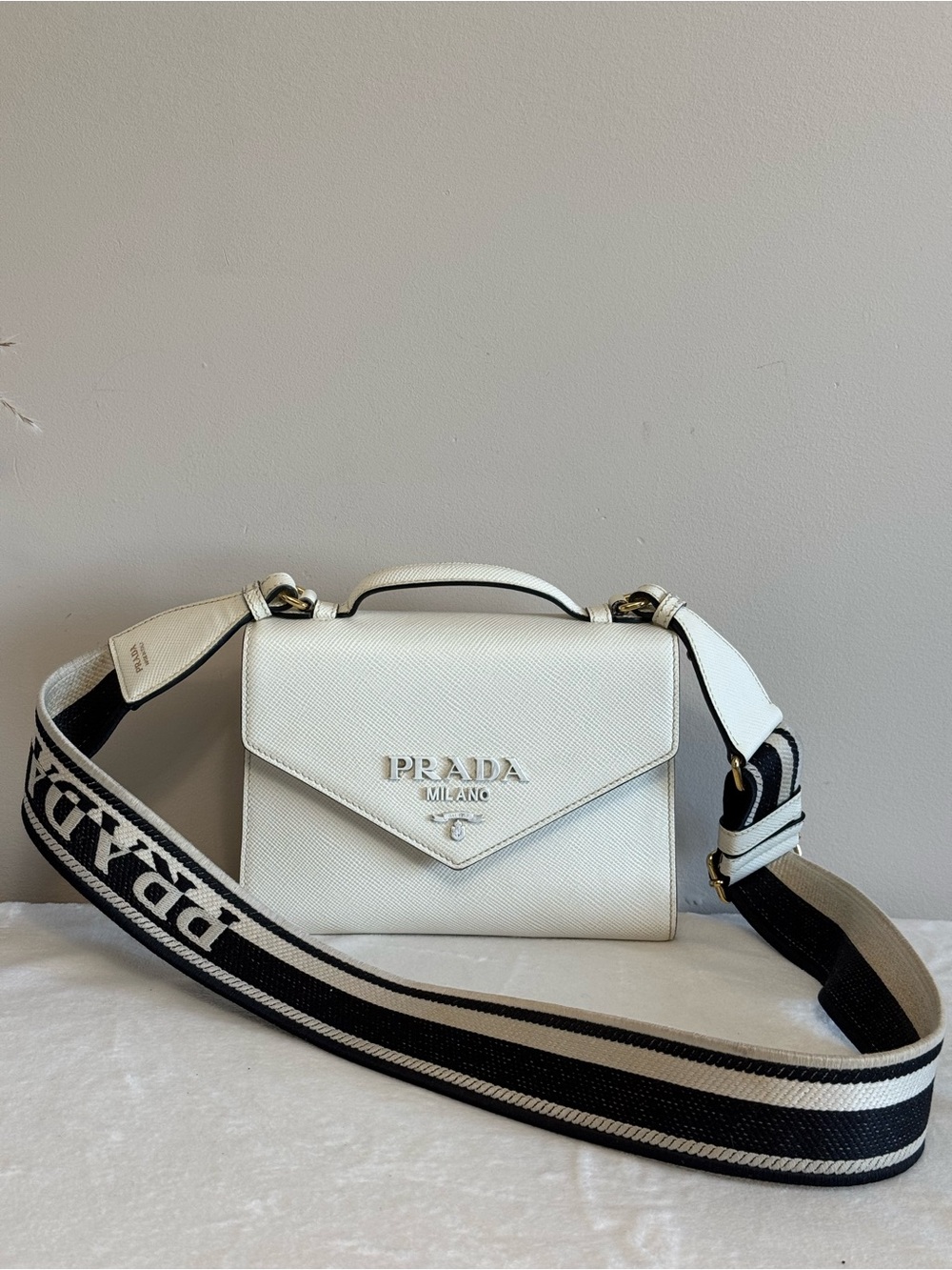 Prada White Saffiano Leather Crossbody with Black-Trim Strap